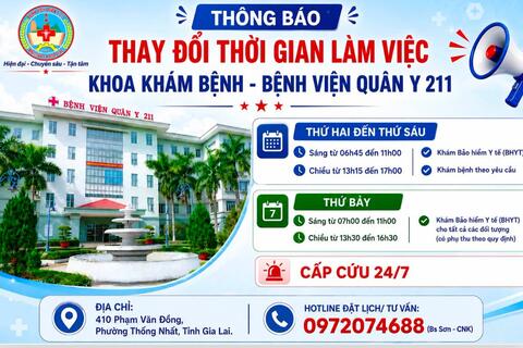 Thông báo thay đổi thời gian khám bệnh tại Khoa Khám bệnh - Bệnh viện Quân y 211