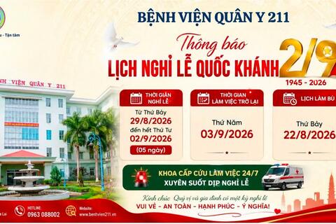 Bệnh viện Quân y 211 thông báo lịch nghỉ lễ Quốc Khánh 2/9/2026